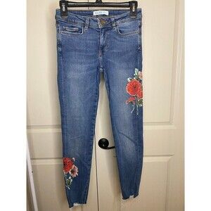 Zara floral distressed raw hem skinny jeans